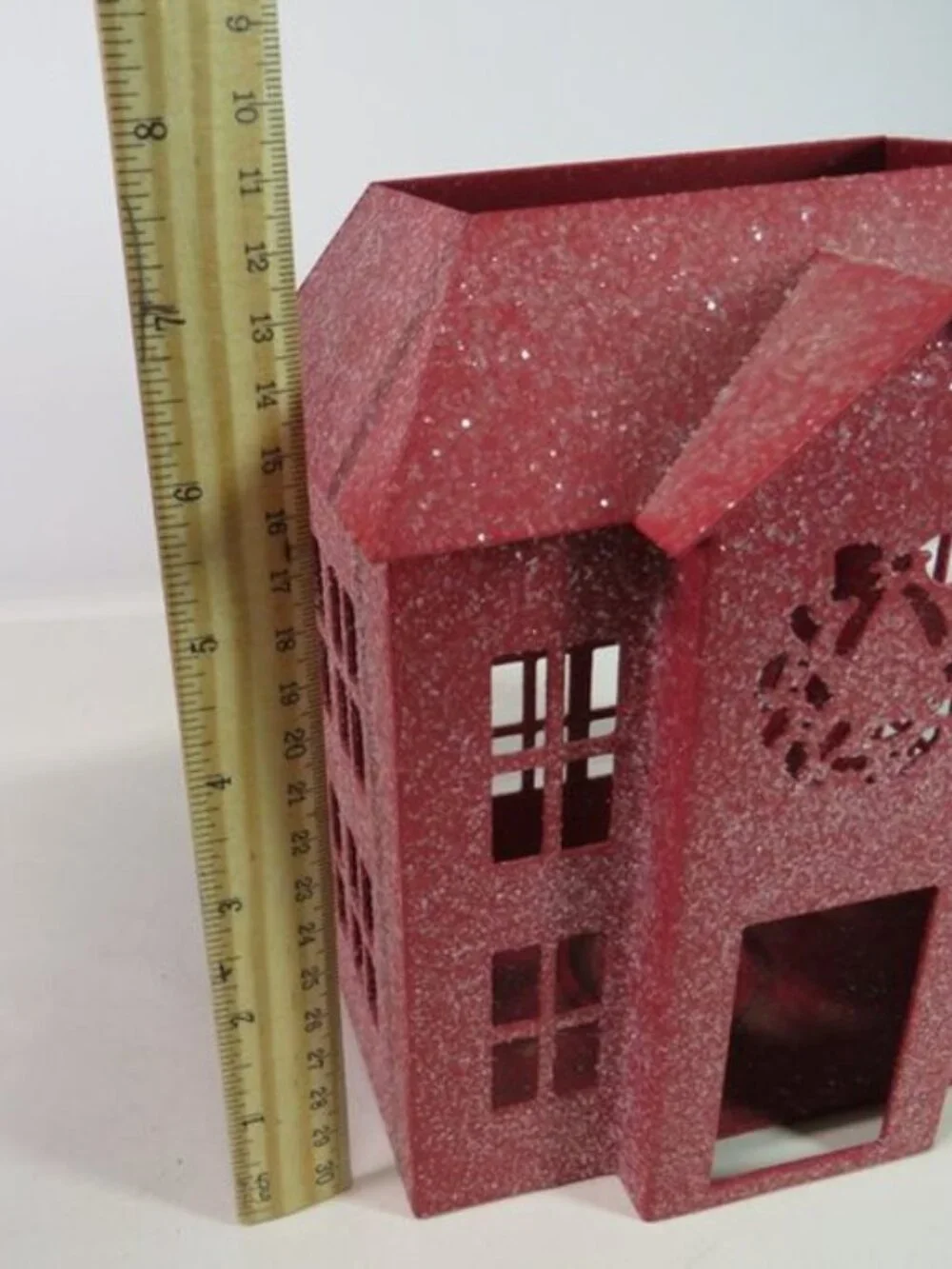 Red Metal House Luminary Glitter Tea Light Candle Holder Removable Roof Wreath